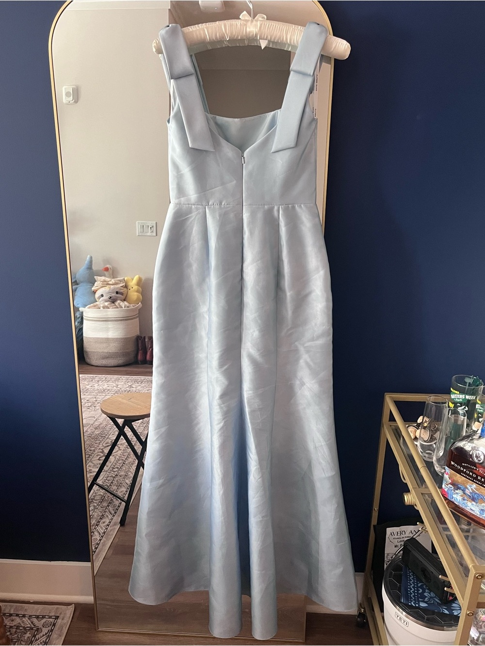 ALFRED SUNG Mist Blue Satin Maxi Dress with Shoulder Bows - Picture 6 of 8